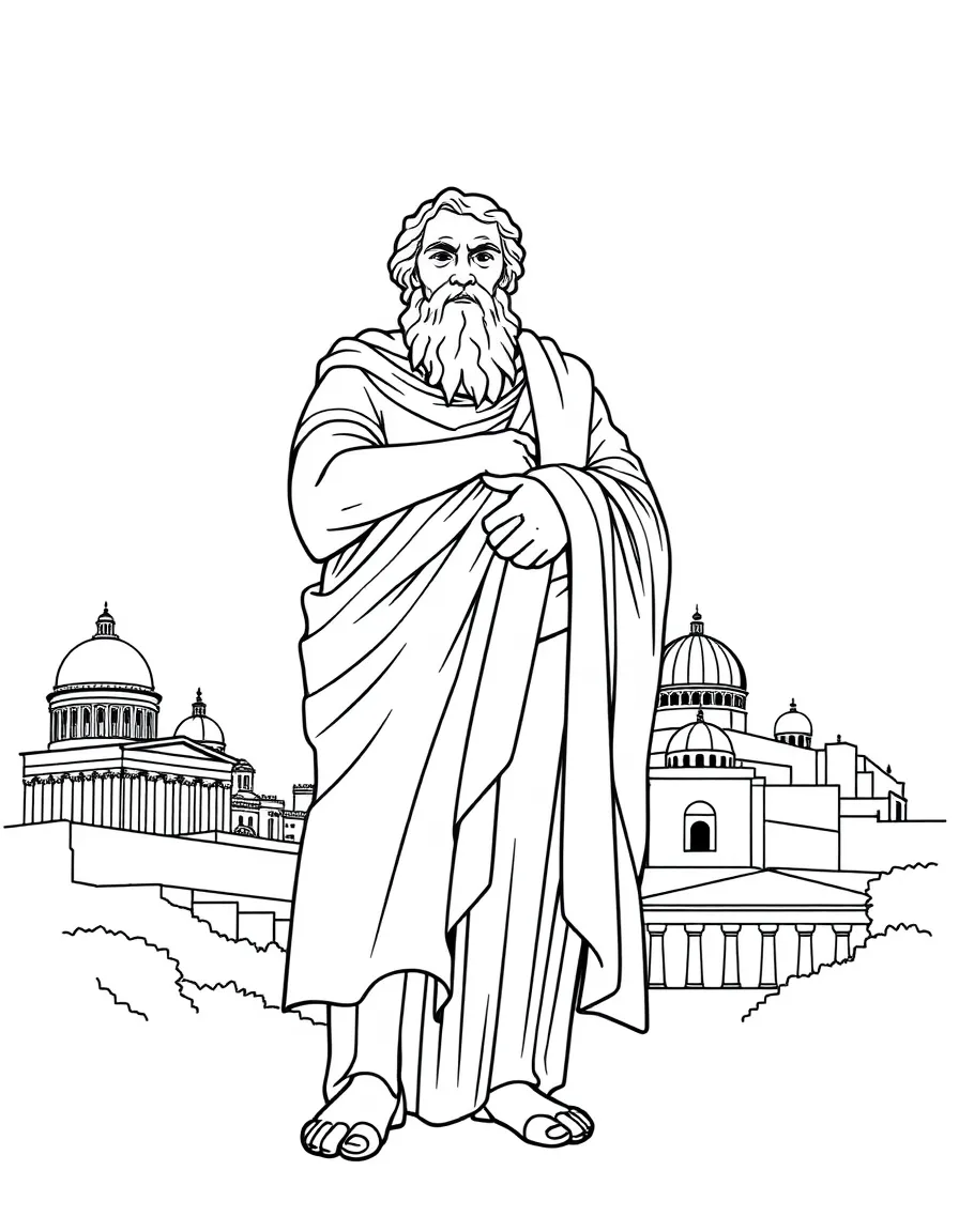 Plato standing proudly with historical landmarks in the background, drawn with clear bold lines for coloring.