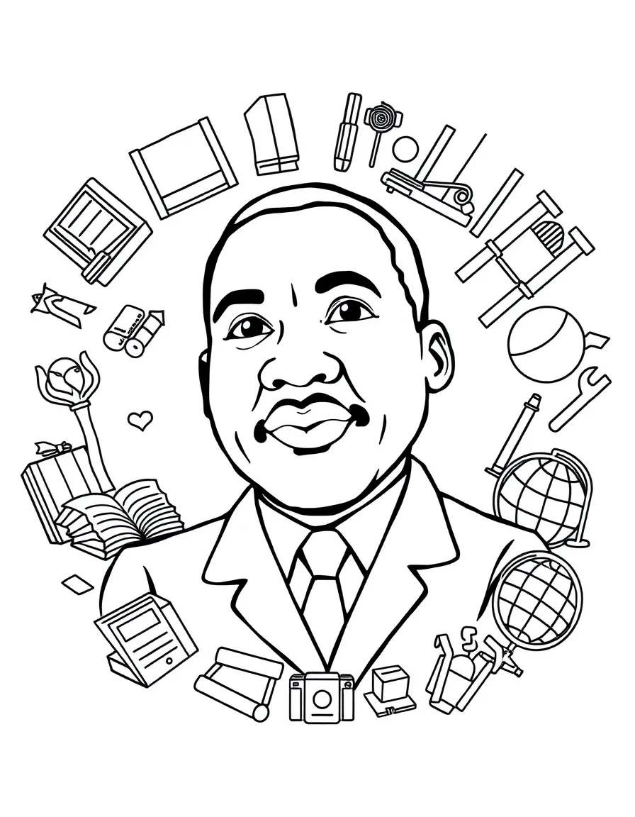 A cartoon-style drawing of Martin Luther King Jr. surrounded by symbols of their achievements, like books, tools, or globes.