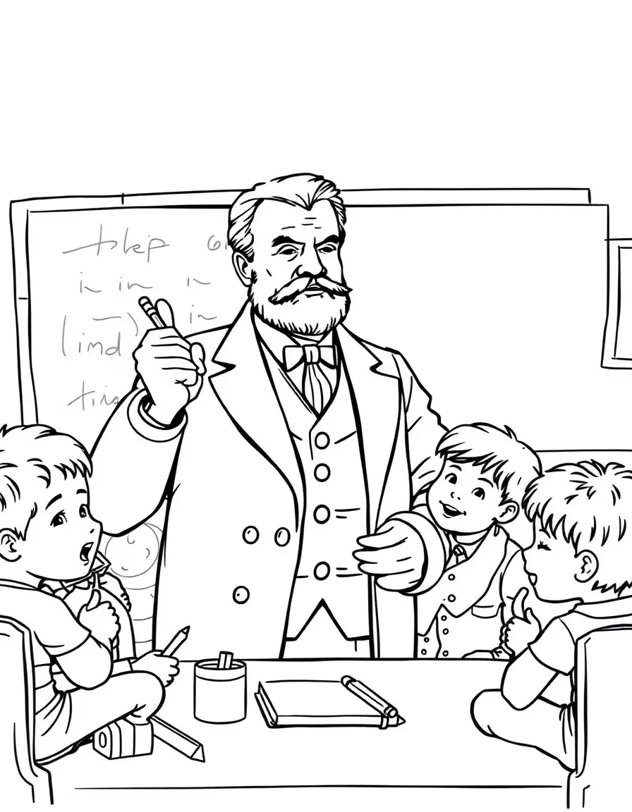 Theodore Roosevelt teaching children, with educational items like chalkboards and pencils, in a friendly classroom scene.