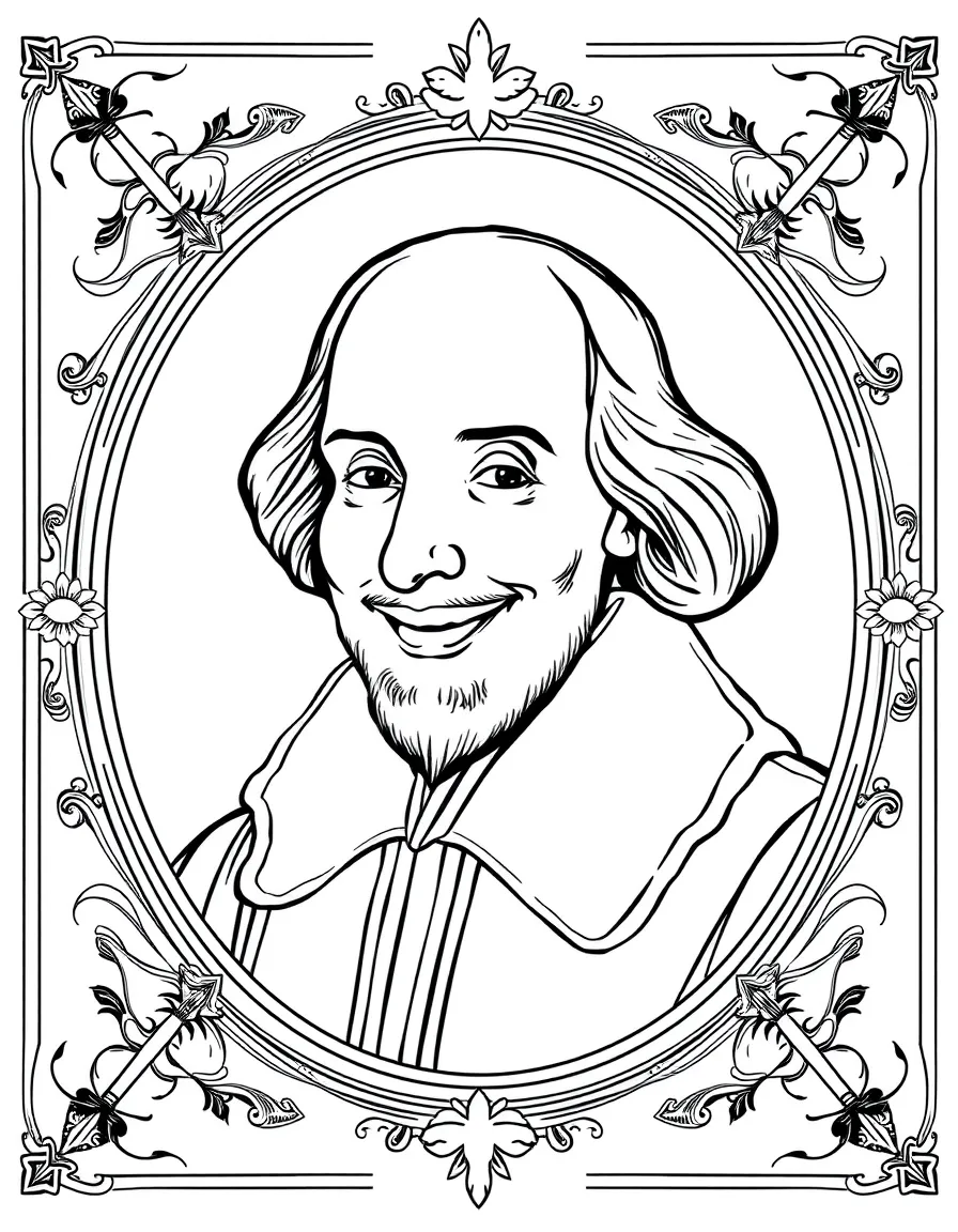 A portrait of William Shakespeare with a big smile, framed with decorative borders and symbols of their time period.
