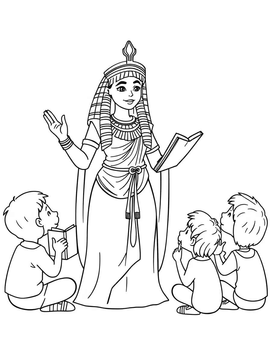 A fun coloring page of Cleopatra giving a speech to children with books and peace signs around.