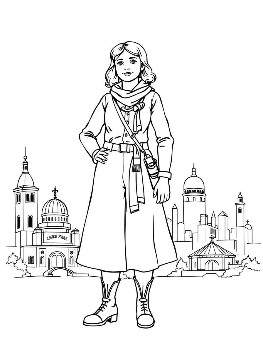 Amelia Earhart standing proudly with historical landmarks in the background, drawn with clear bold lines for coloring.
