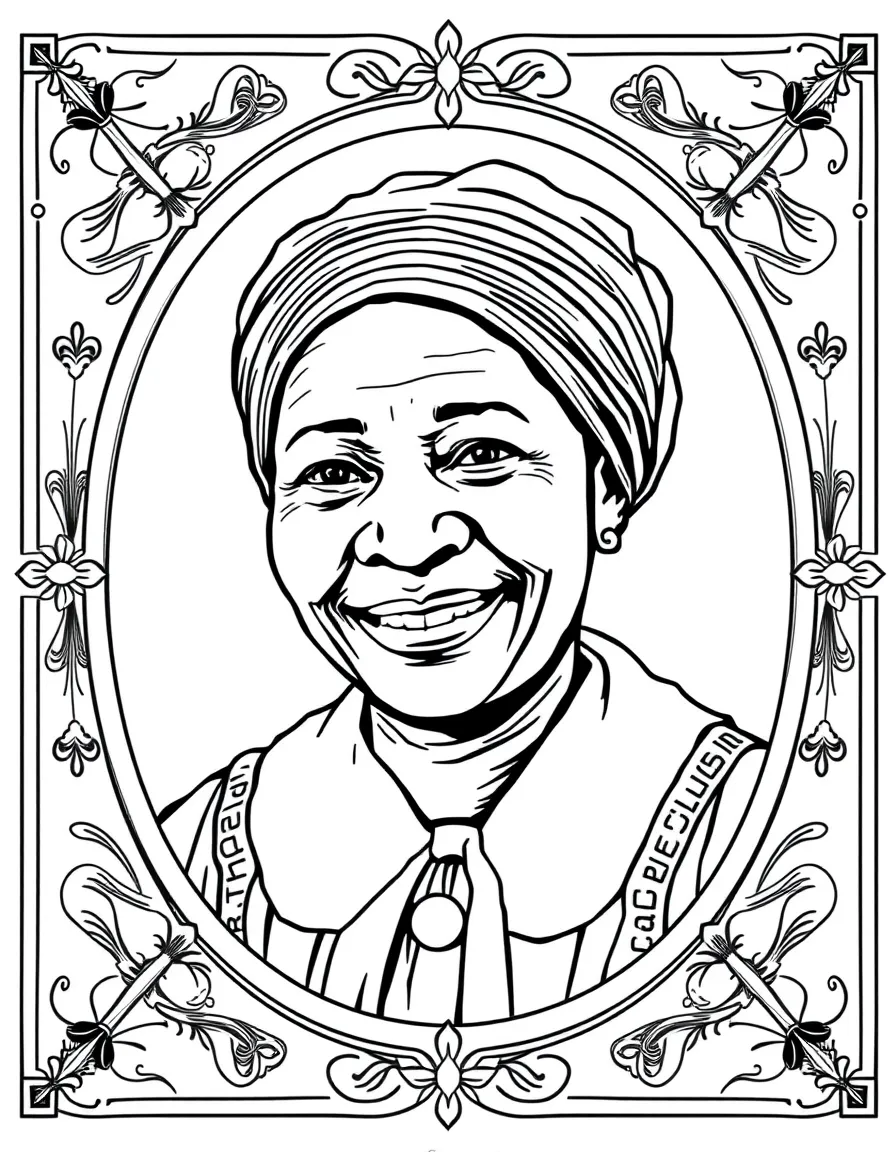 A portrait of Harriet Tubman with a big smile, framed with decorative borders and symbols of their time period.