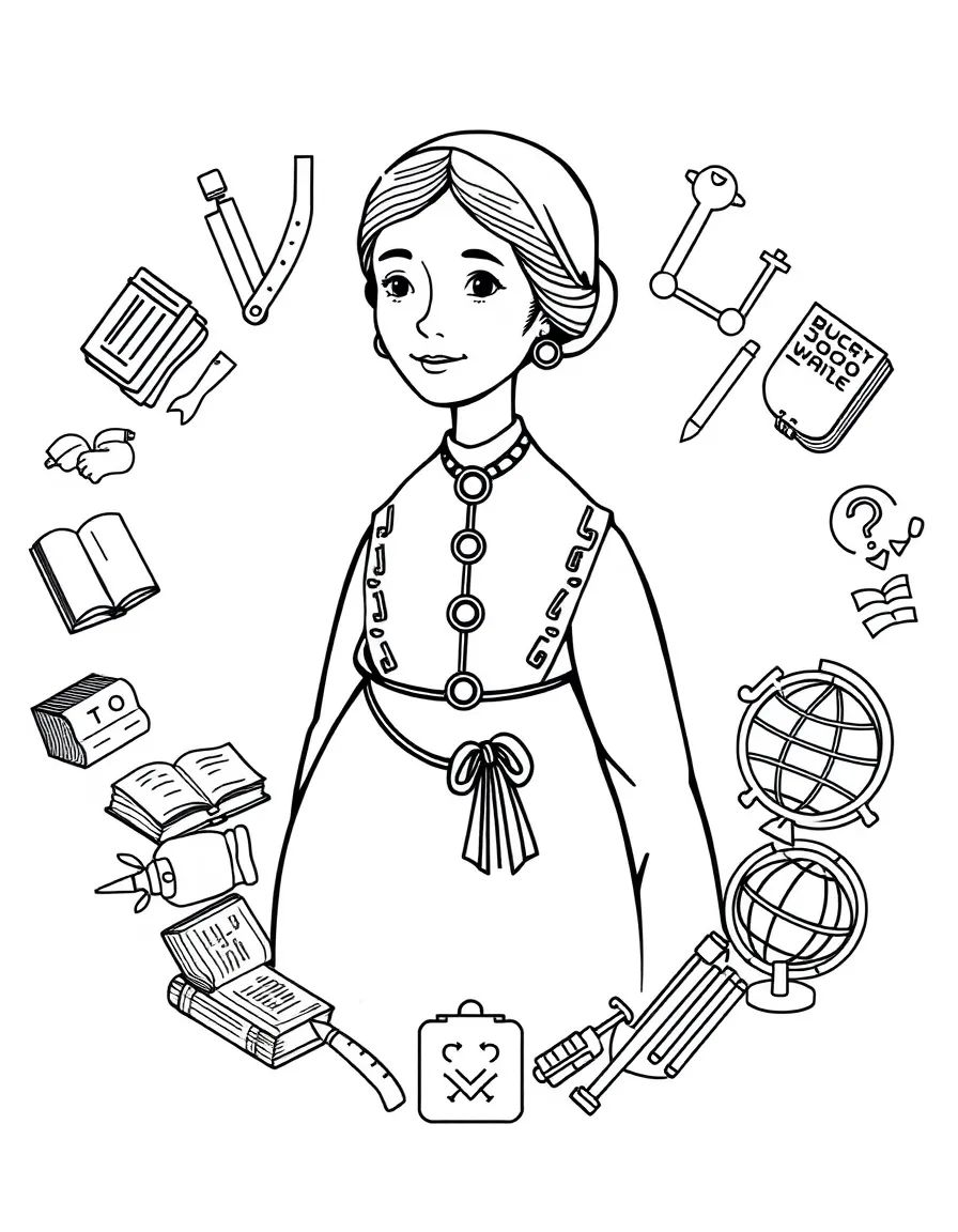 A cartoon-style drawing of Florence Nightingale surrounded by symbols of their achievements, like books, tools, or globes.