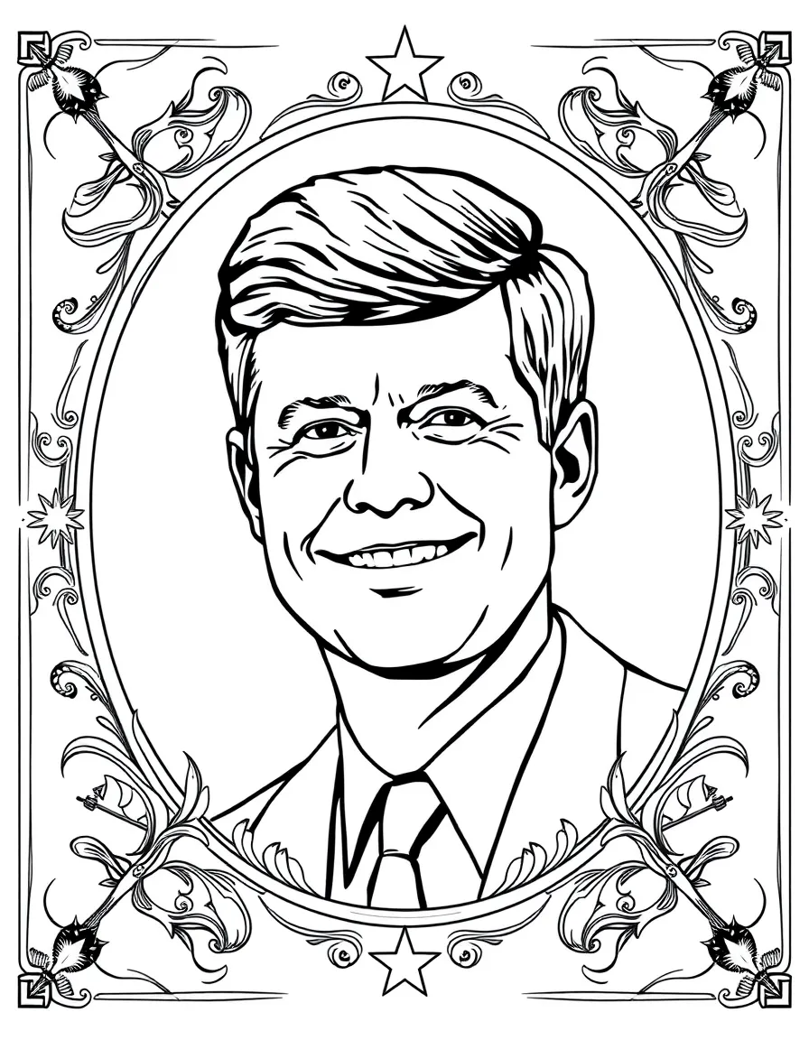 A portrait of John F. Kennedy with a big smile, framed with decorative borders and symbols of their time period.