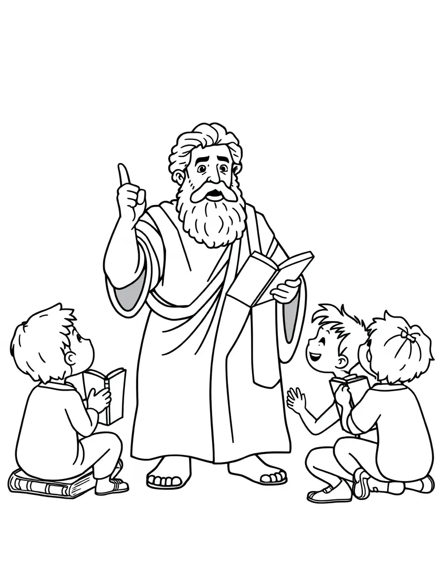 A fun coloring page of Socrates giving a speech to children with books and peace signs around.