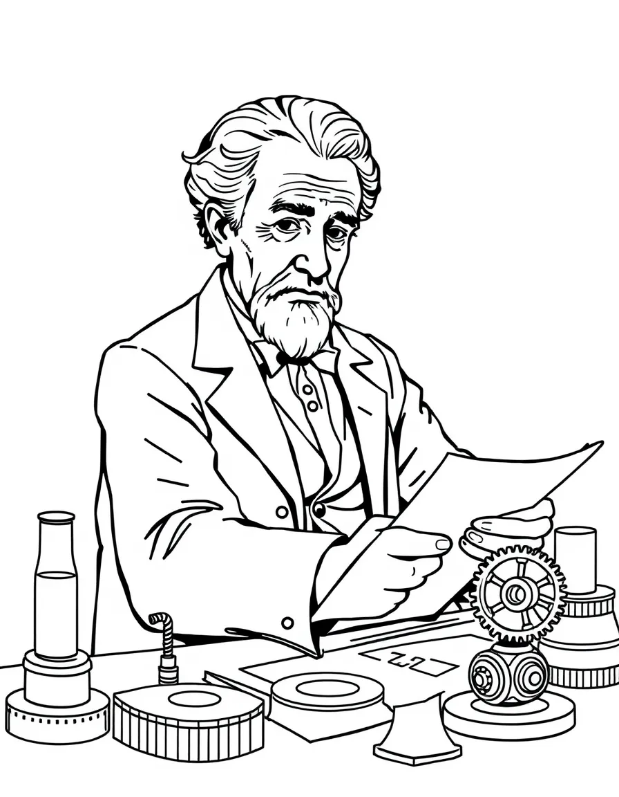 Thomas Edison working on their famous invention or idea, with gears, papers, or lab equipment drawn simply.