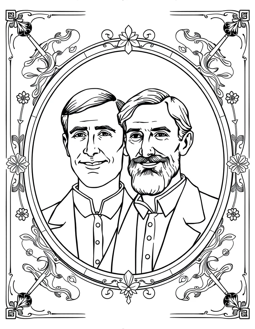 A portrait of The Wright Brothers with a big smile, framed with decorative borders and symbols of their time period.