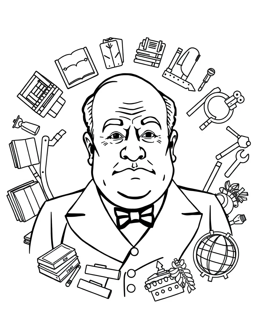 A cartoon-style drawing of Winston Churchill surrounded by symbols of their achievements, like books, tools, or globes.