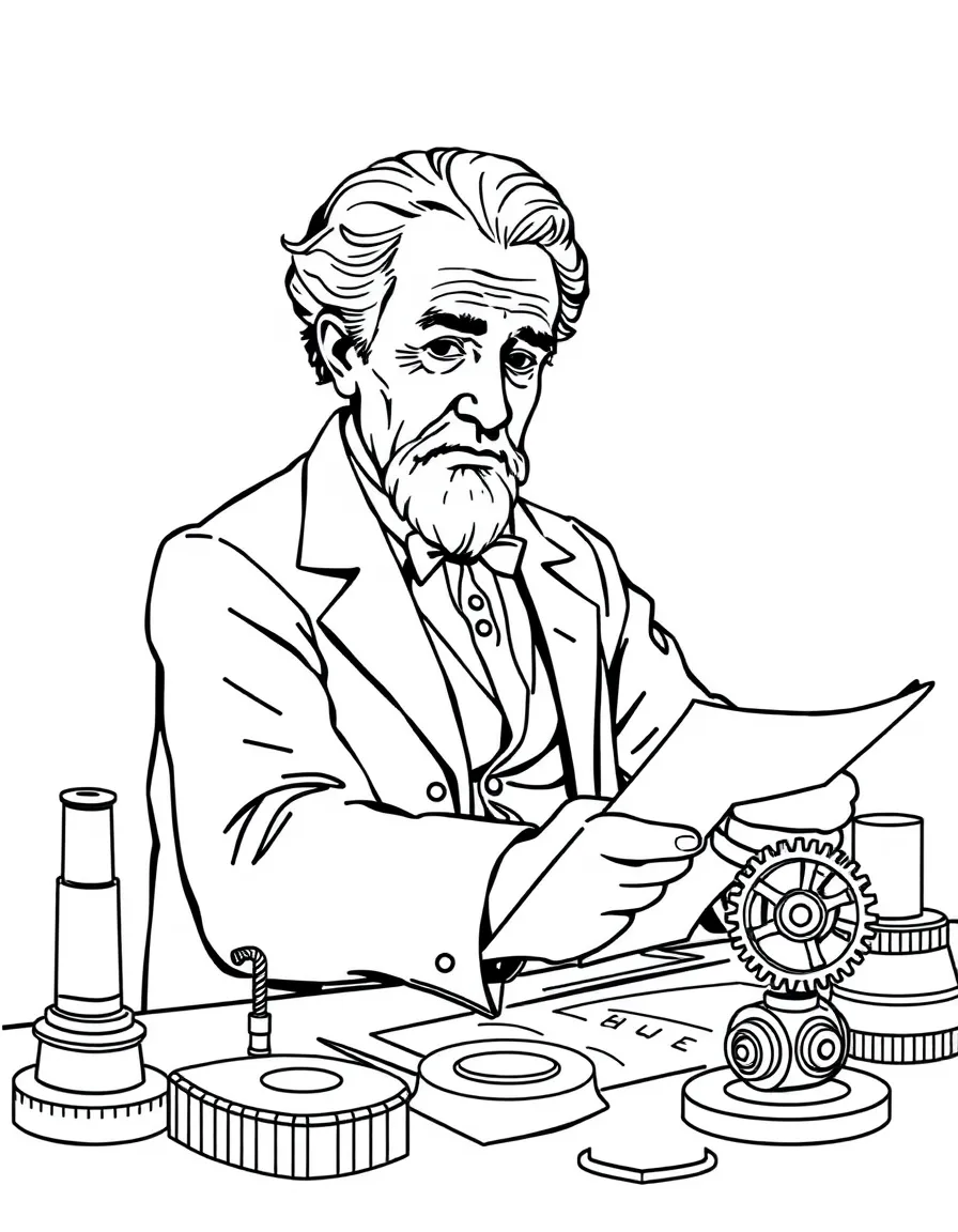Thomas Edison working on their famous invention or idea, with gears, papers, or lab equipment drawn simply.