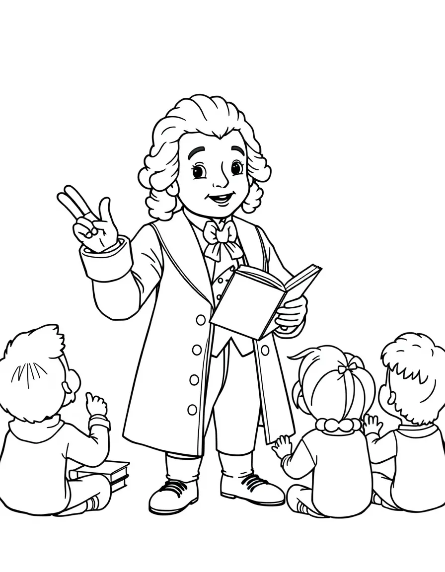 A fun coloring page of Mozart giving a speech to children with books and peace signs around.
