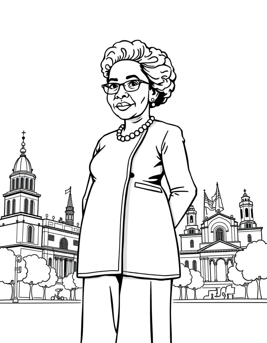 Rosa Parks standing proudly with historical landmarks in the background, drawn with clear bold lines for coloring.