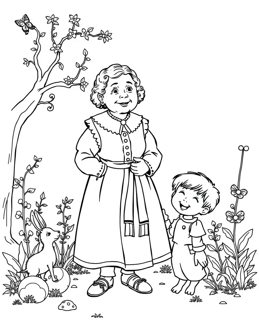A playful scene showing Helen Keller in a historical outfit with animals, plants, or kids nearby.