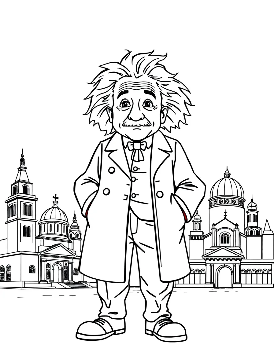 Albert Einstein standing proudly with historical landmarks in the background, drawn with clear bold lines for coloring.