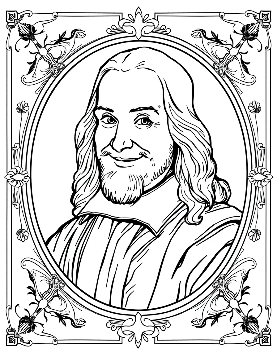 A portrait of Leonardo da Vinci with a big smile, framed with decorative borders and symbols of their time period.