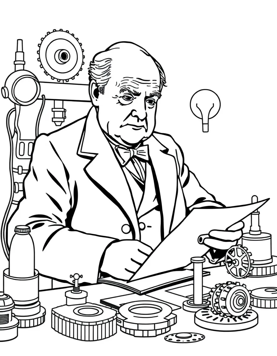 Winston Churchill working on their famous invention or idea, with gears, papers, or lab equipment drawn simply.