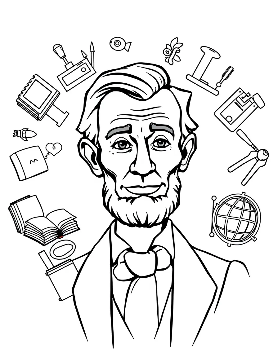 A cartoon-style drawing of Abraham Lincoln surrounded by symbols of their achievements, like books, tools, or globes.