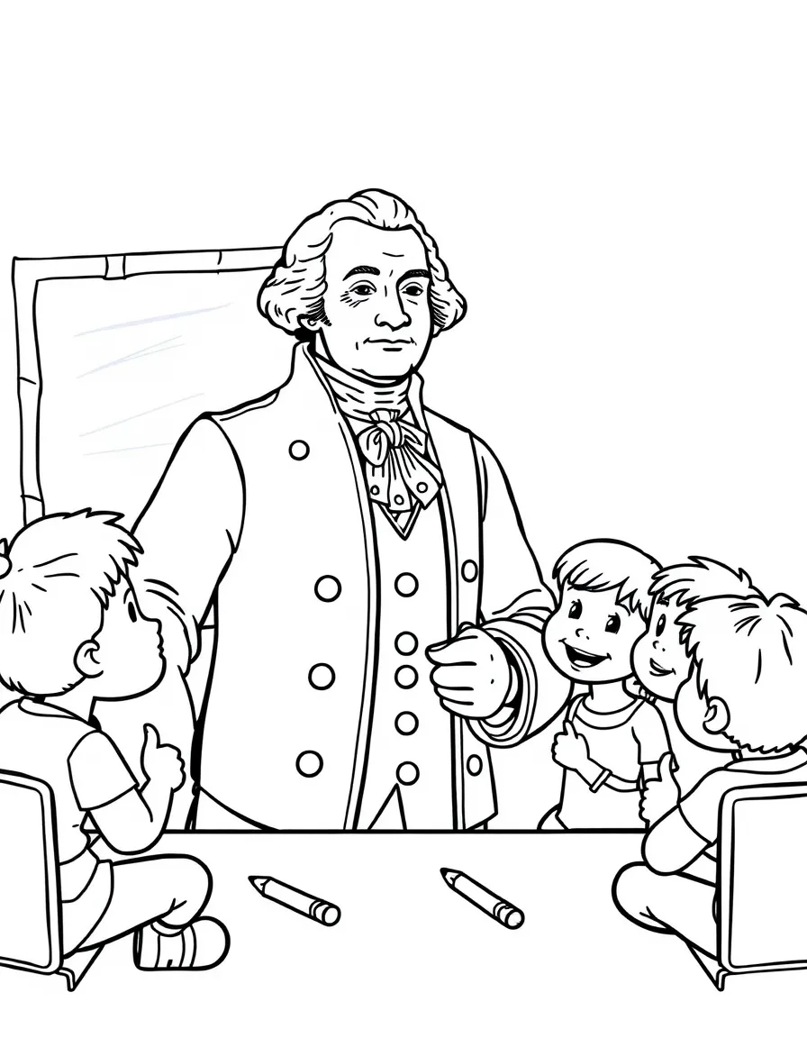 George Washington teaching children, with educational items like chalkboards and pencils, in a friendly classroom scene.