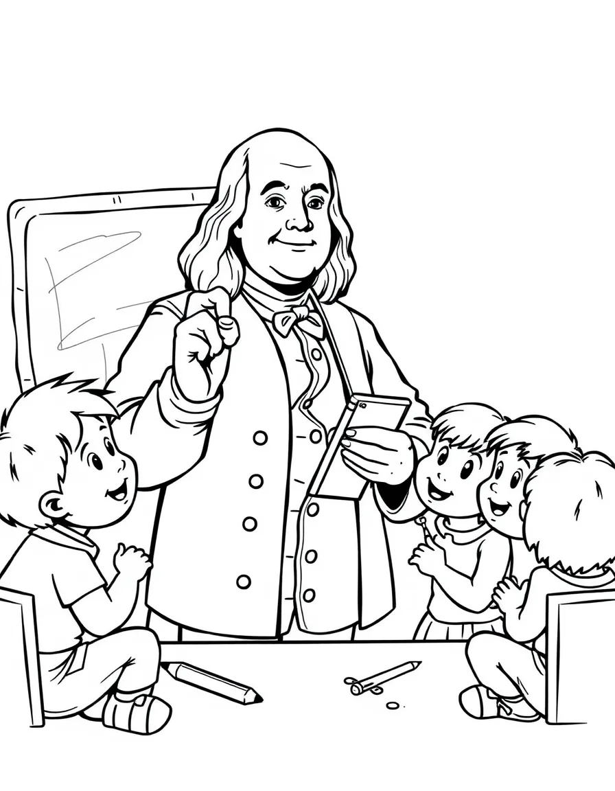 Benjamin Franklin teaching children, with educational items like chalkboards and pencils, in a friendly classroom scene.