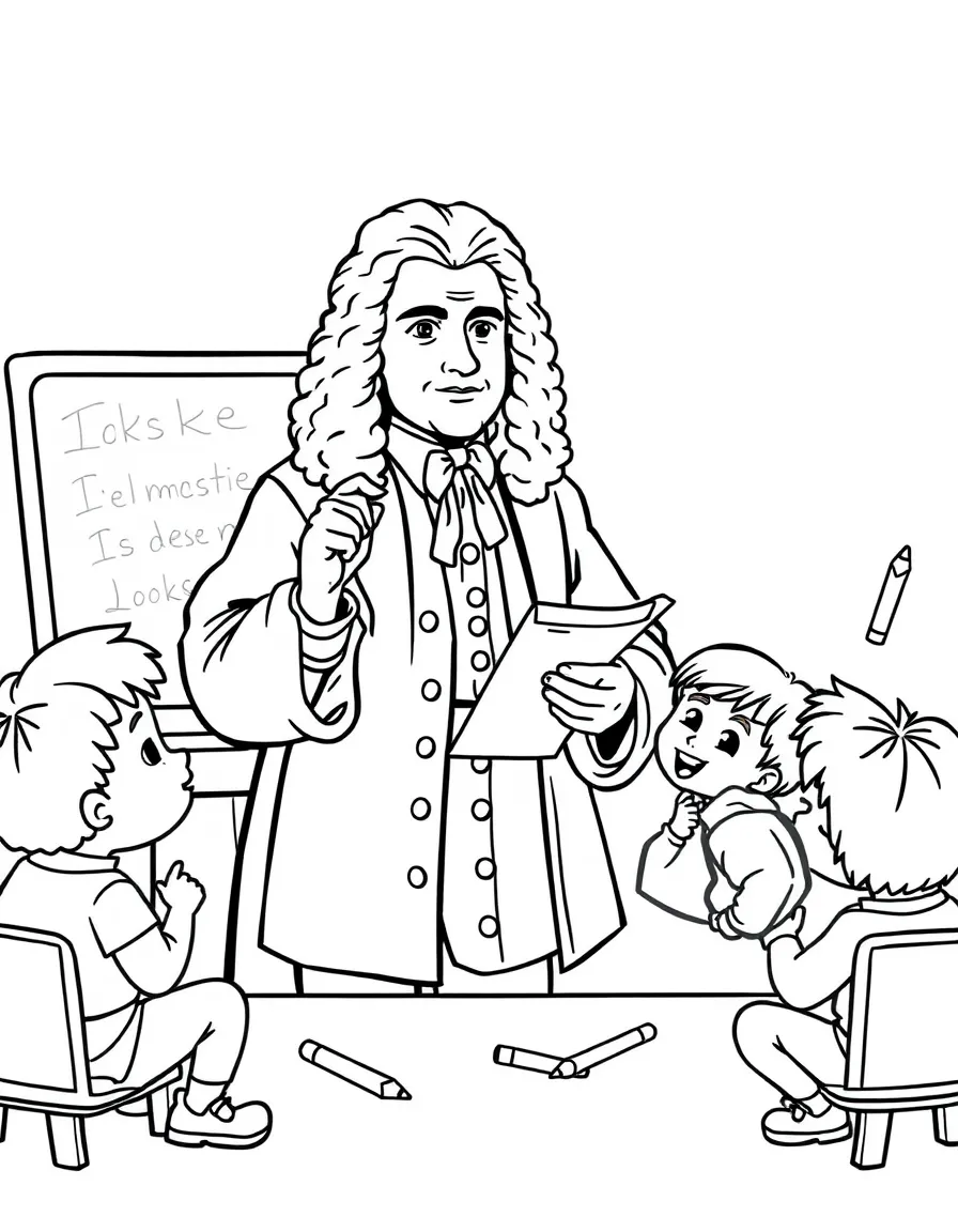 Isaac Newton teaching children, with educational items like chalkboards and pencils, in a friendly classroom scene.