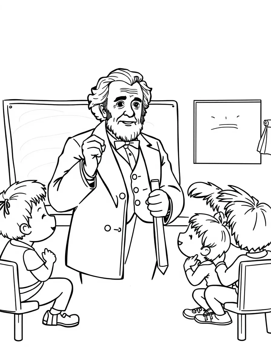 Thomas Edison teaching children, with educational items like chalkboards and pencils, in a friendly classroom scene.