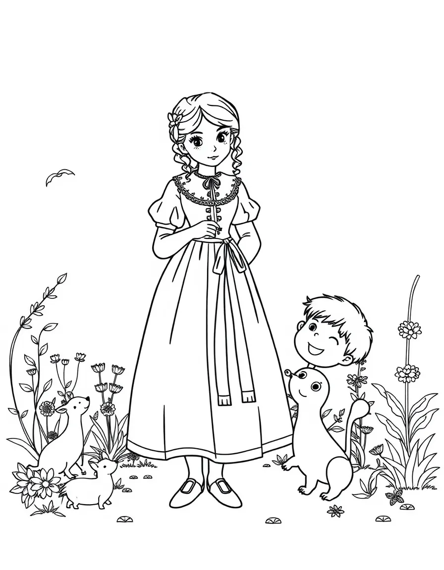 A playful scene showing Jane Austen in a historical outfit with animals, plants, or kids nearby.