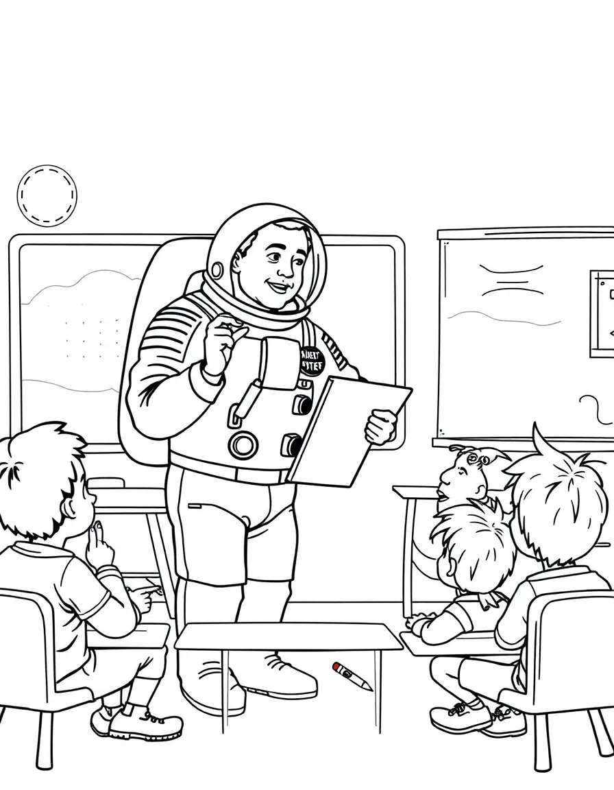 Neil Armstrong teaching children, with educational items like chalkboards and pencils, in a friendly classroom scene.