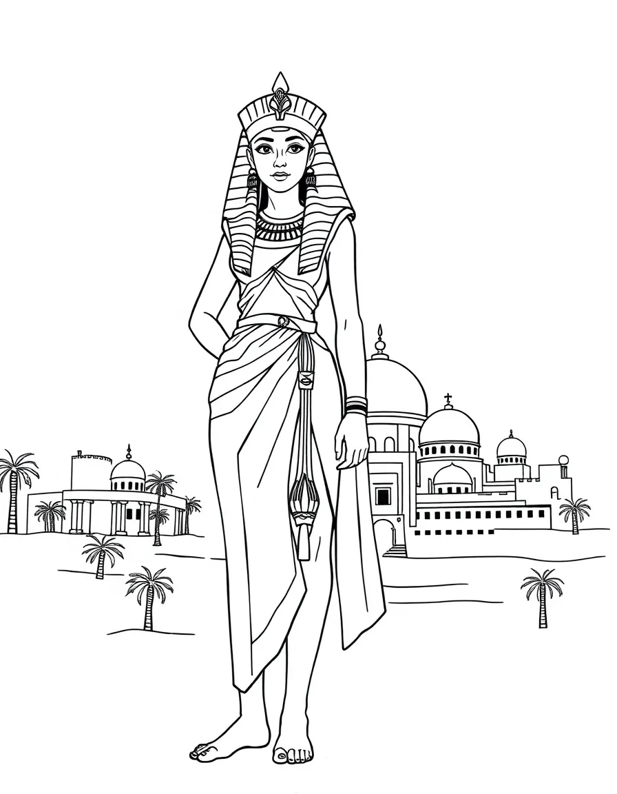 Cleopatra standing proudly with historical landmarks in the background, drawn with clear bold lines for coloring.