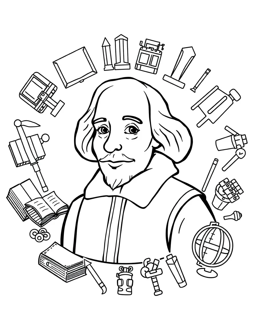 A cartoon-style drawing of William Shakespeare surrounded by symbols of their achievements, like books, tools, or globes.