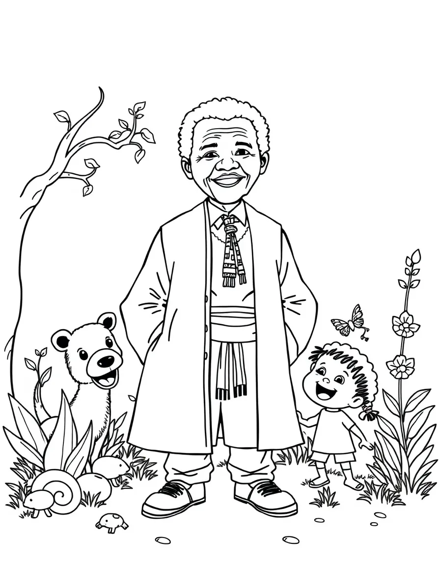 A playful scene showing Nelson Mandela in a historical outfit with animals, plants, or kids nearby.