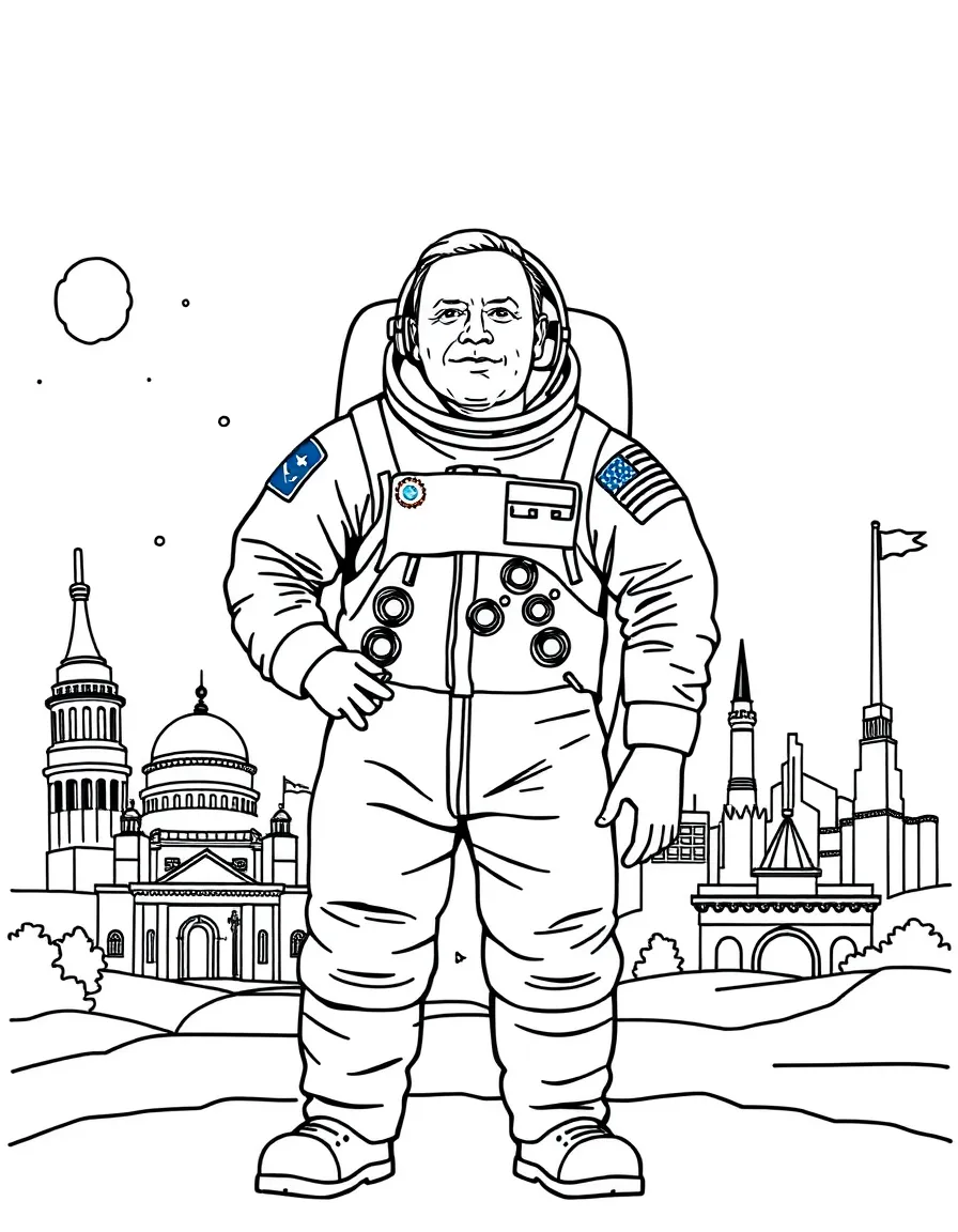 Neil Armstrong standing proudly with historical landmarks in the background, drawn with clear bold lines for coloring.