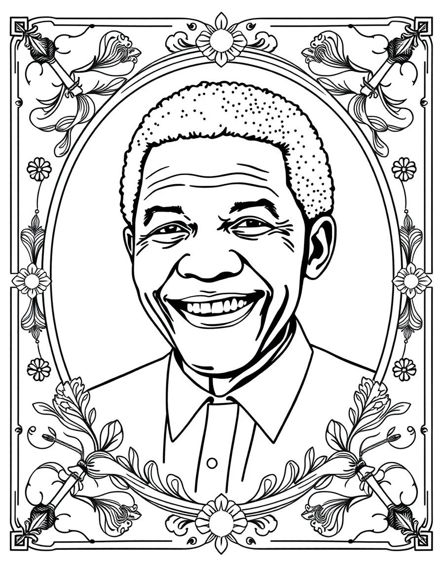 A portrait of Nelson Mandela with a big smile, framed with decorative borders and symbols of their time period.