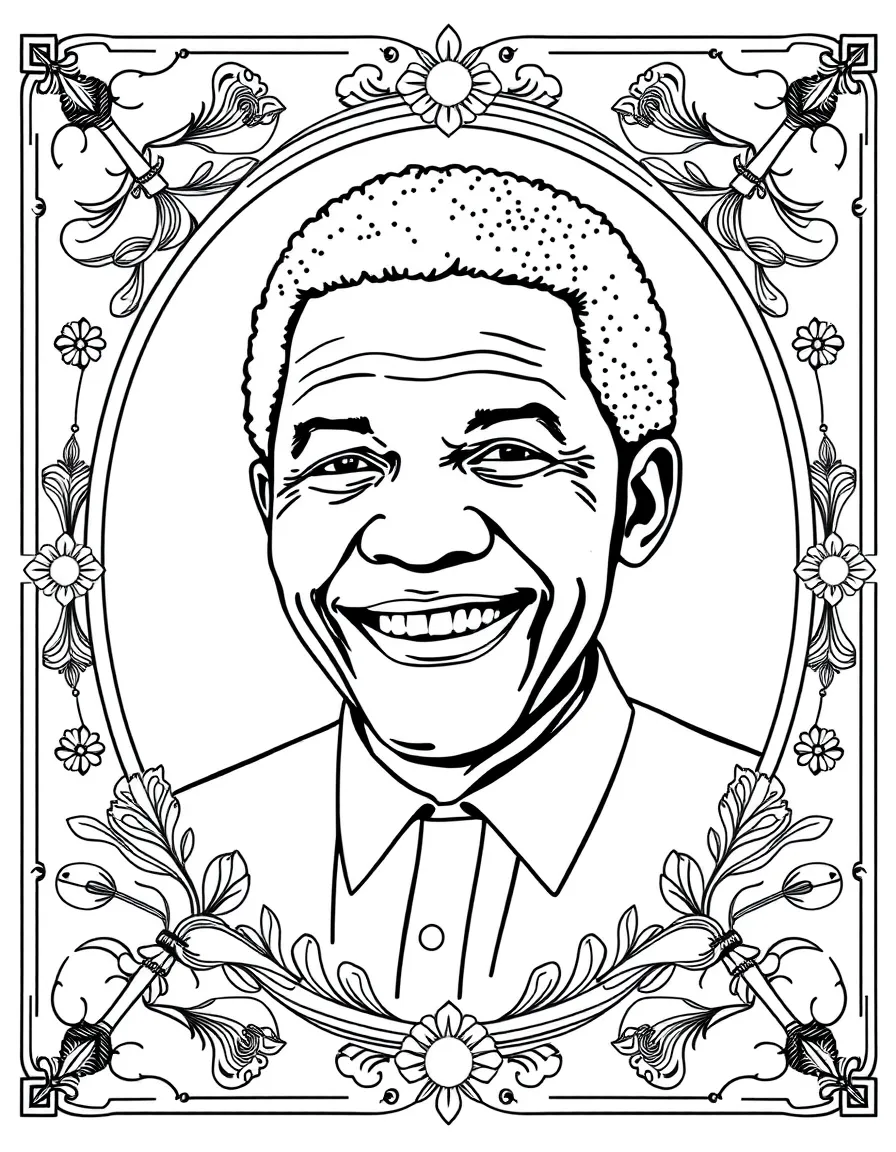 A portrait of Nelson Mandela with a big smile, framed with decorative borders and symbols of their time period.