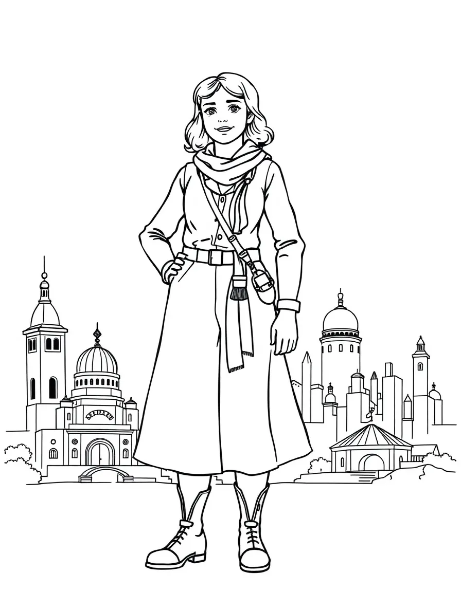 Amelia Earhart standing proudly with historical landmarks in the background, drawn with clear bold lines for coloring.