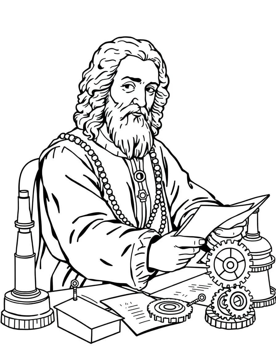 Leonardo da Vinci working on their famous invention or idea, with gears, papers, or lab equipment drawn simply.