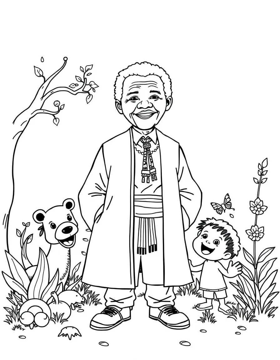 A playful scene showing Nelson Mandela in a historical outfit with animals, plants, or kids nearby.