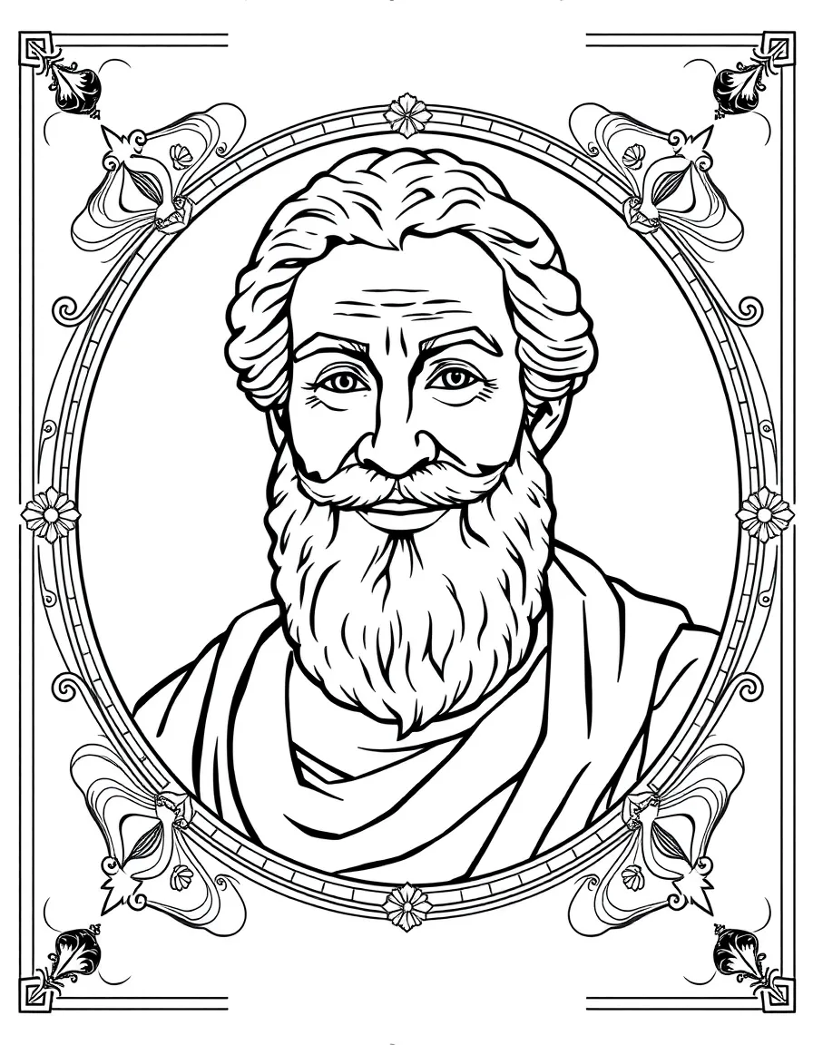 A portrait of Plato with a big smile, framed with decorative borders and symbols of their time period.