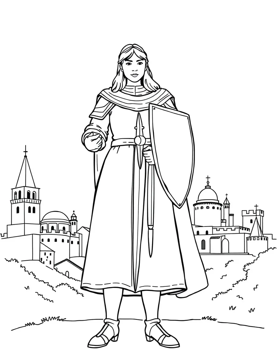 Joan of Arc standing proudly with historical landmarks in the background, drawn with clear bold lines for coloring.