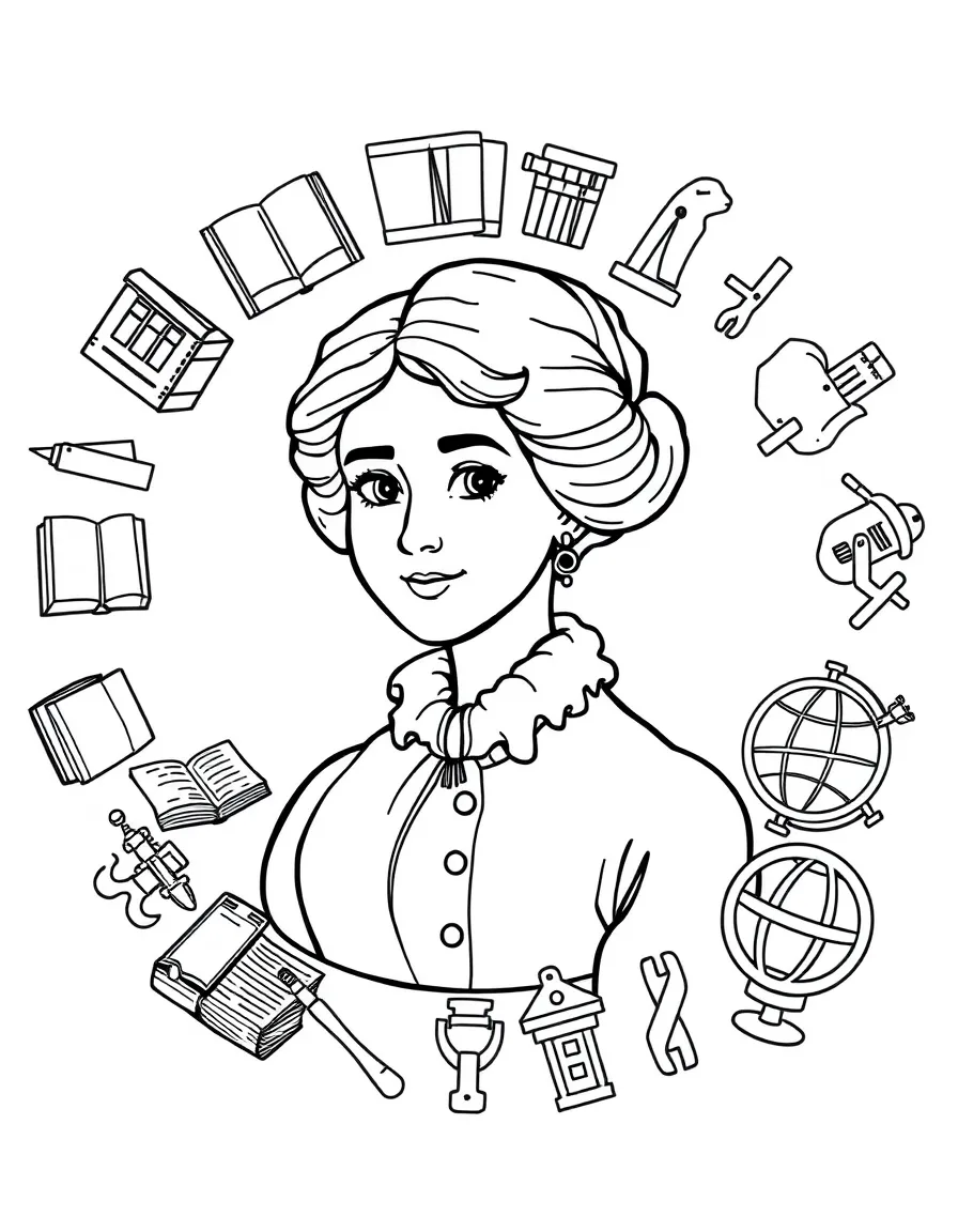 A cartoon-style drawing of Jane Austen surrounded by symbols of their achievements, like books, tools, or globes.