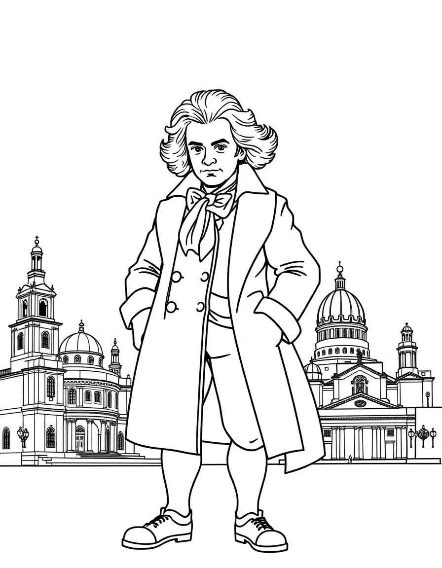 Beethoven standing proudly with historical landmarks in the background, drawn with clear bold lines for coloring.