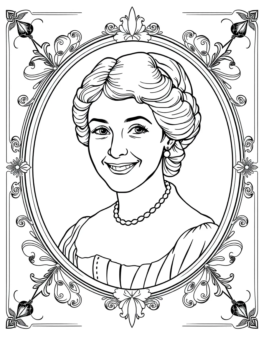 A portrait of Jane Austen with a big smile, framed with decorative borders and symbols of their time period.