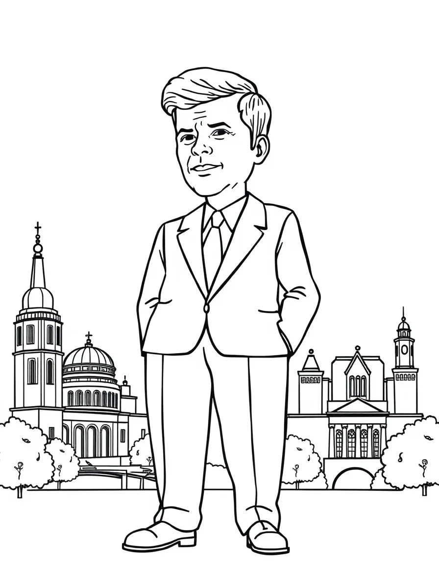 John F. Kennedy standing proudly with historical landmarks in the background, drawn with clear bold lines for coloring.