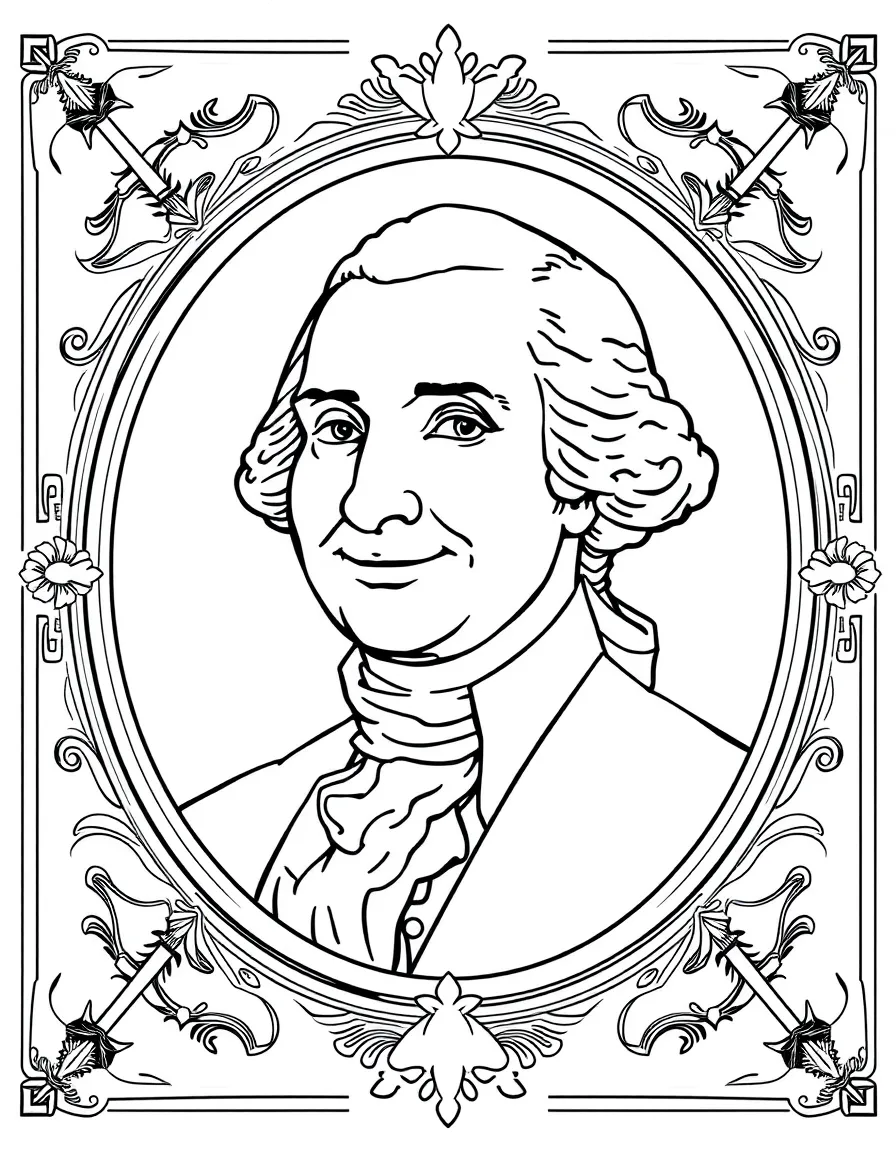 A portrait of George Washington with a big smile, framed with decorative borders and symbols of their time period.