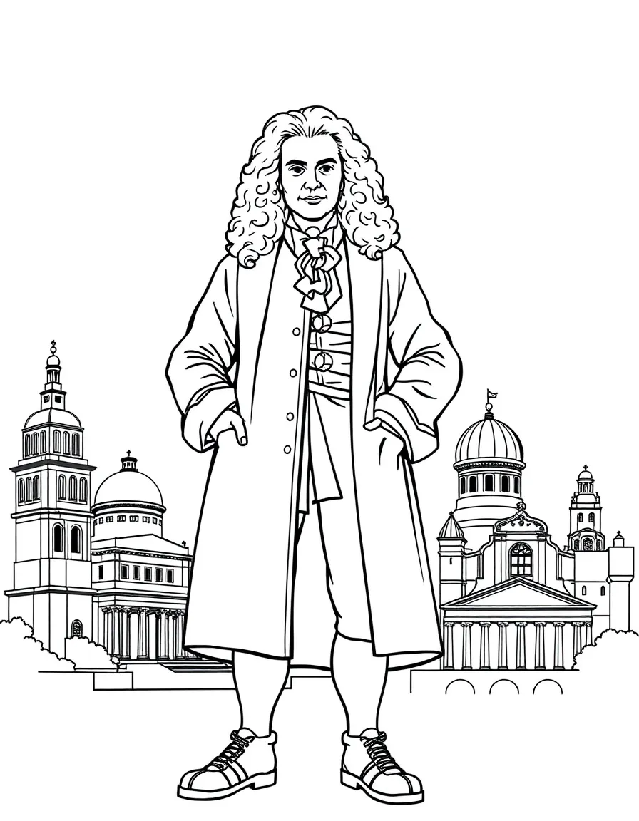 Isaac Newton standing proudly with historical landmarks in the background, drawn with clear bold lines for coloring.