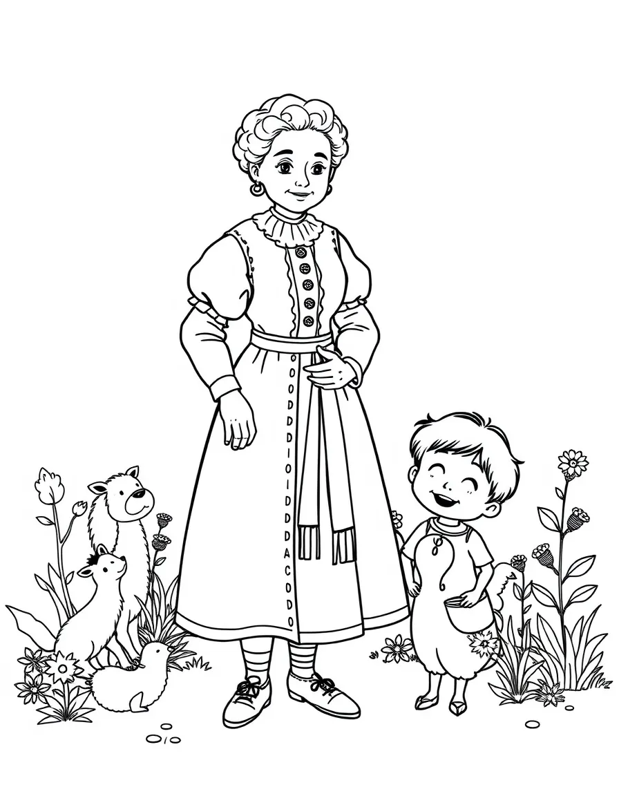 A playful scene showing Marie Curie in a historical outfit with animals, plants, or kids nearby.
