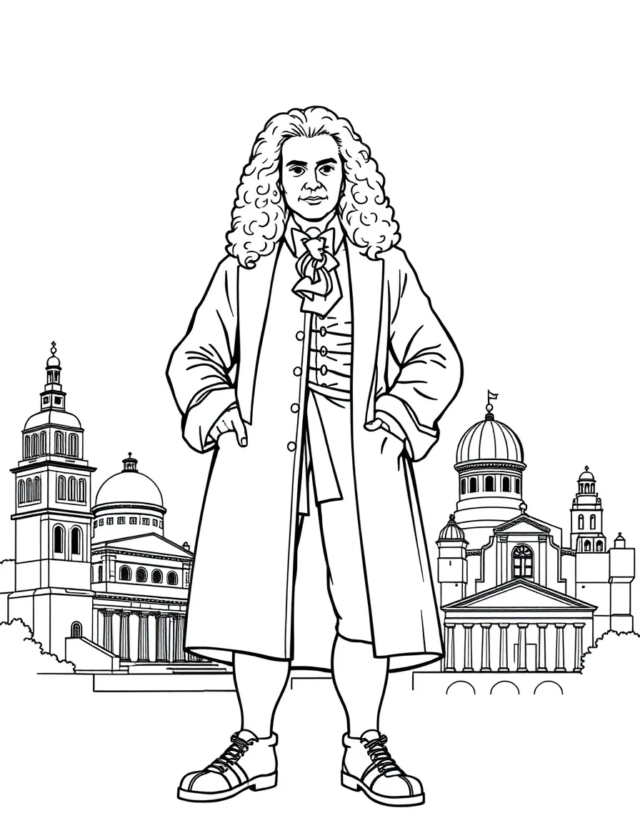 Isaac Newton standing proudly with historical landmarks in the background, drawn with clear bold lines for coloring.