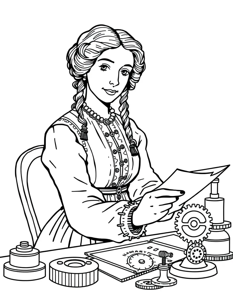 Ada Lovelace working on their famous invention or idea, with gears, papers, or lab equipment drawn simply.