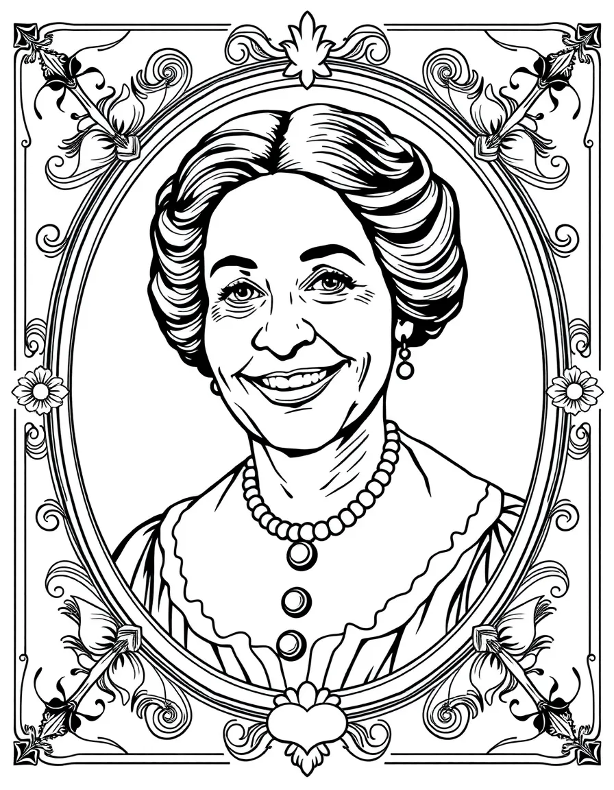 A portrait of Susan B. Anthony with a big smile, framed with decorative borders and symbols of their time period.