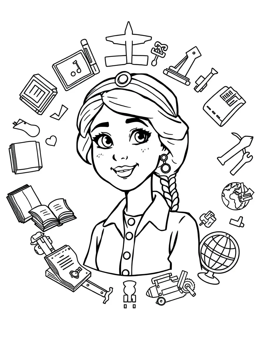 A cartoon-style drawing of Amelia Earhart surrounded by symbols of their achievements, like books, tools, or globes.