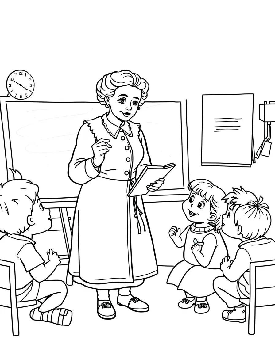 Marie Curie teaching children, with educational items like chalkboards and pencils, in a friendly classroom scene.